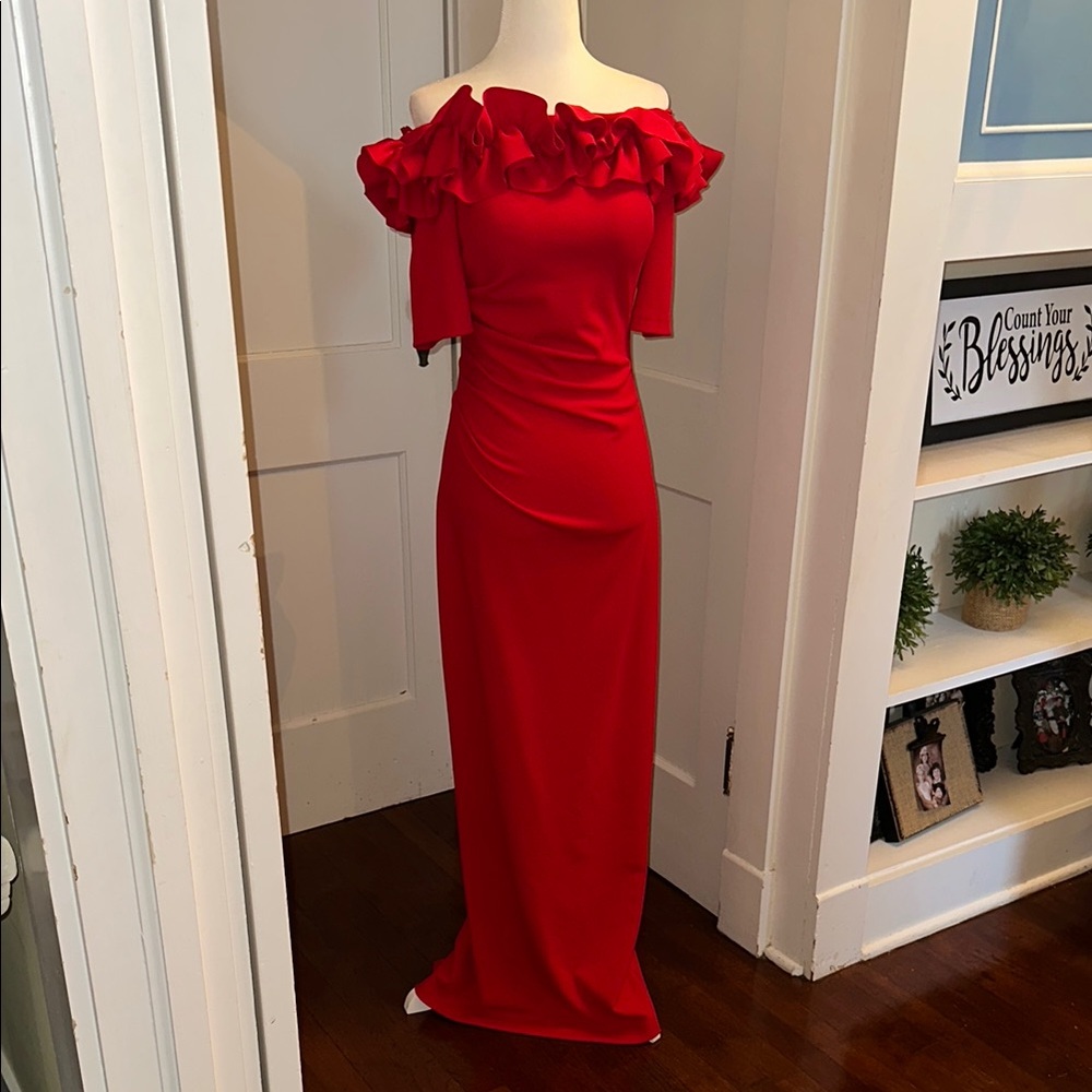 Xscape Red Ruffle Off-Shoulder Gown - - Picture 2 of 8